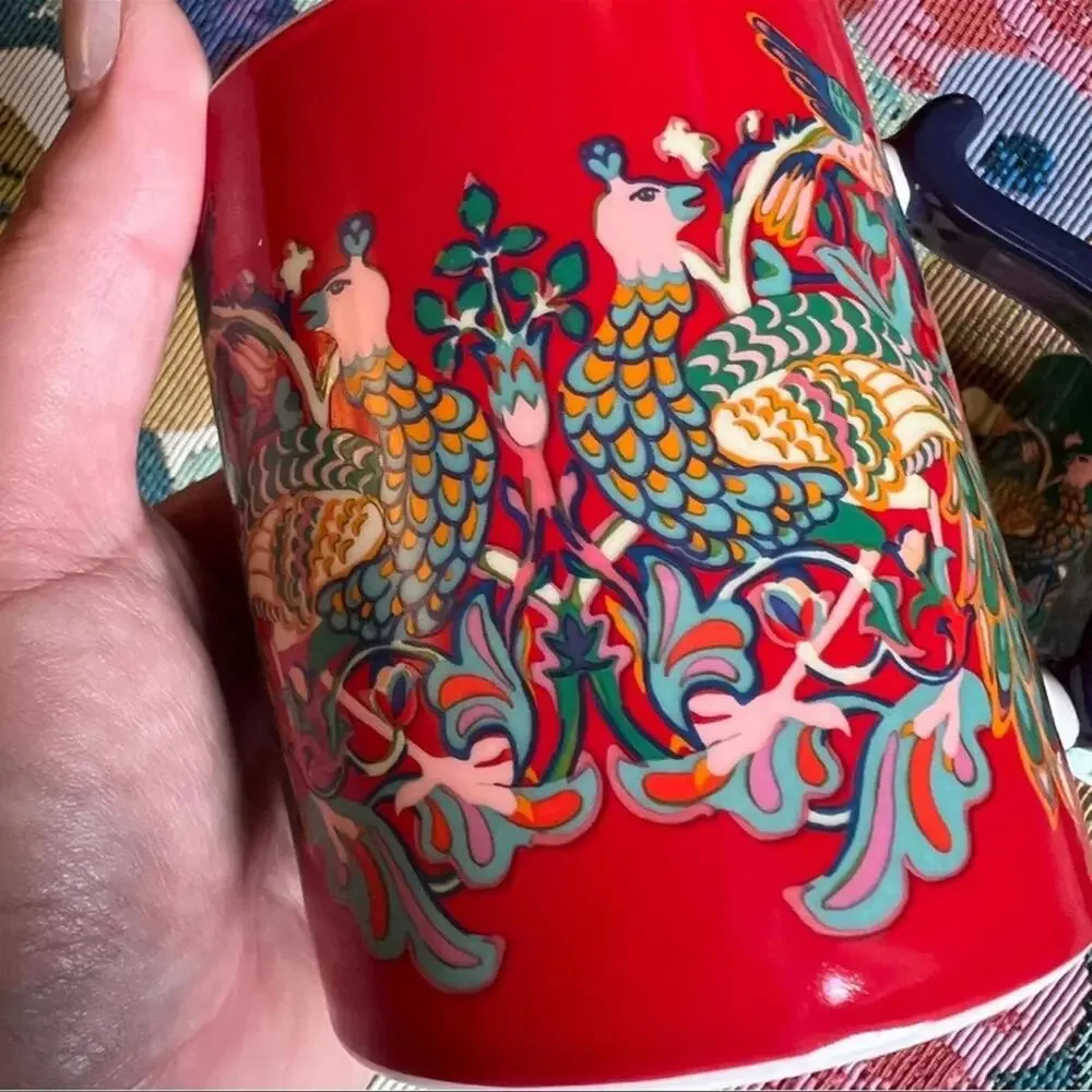 2 WILLIAM MORRIS Coffee Mugs Peacock Floral Cups Red Green Pink Bird Ornate